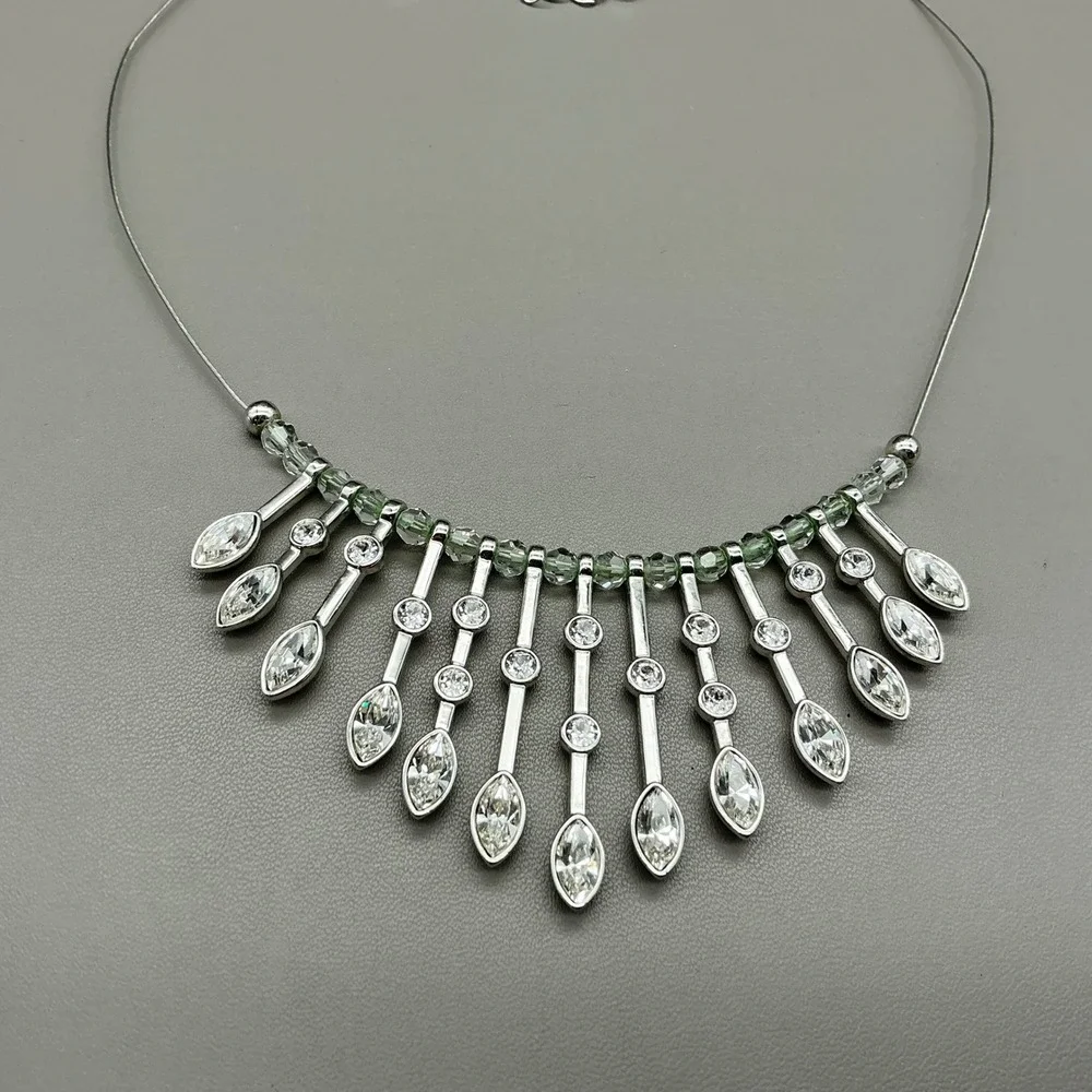Touchstone Crystal Necklace Silver Tone Clear Crystal Fringe Waterfall Bib TCS
